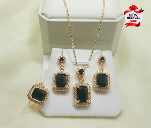 New Arrival Fancy zircon Black Gold Trendy long Chain Pendant 3pcs Locket set 4 Girls