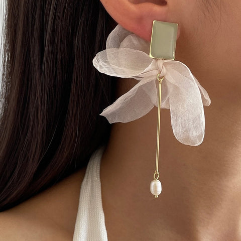 Shein- Faux Pearl & Fabric Bow Decor Drop Earrings