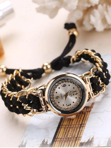 Shein - Rhinestone Decor Round Pointer Quartz Watch