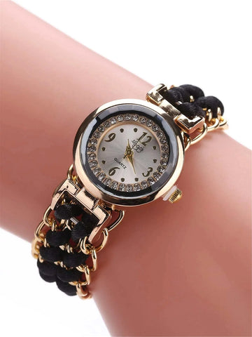 Shein - Rhinestone Decor Round Pointer Quartz Watch