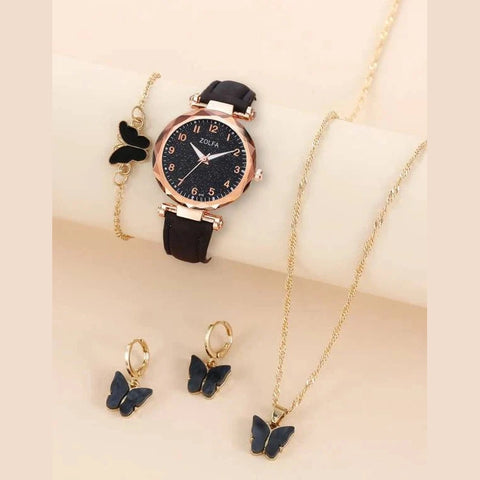 Shein - Shiny 1 Piece Round Pointer Dial Quartz Watch And 4 Piece Jewelry Set