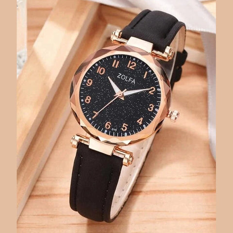 Shein - Shiny 1 Piece Round Pointer Dial Quartz Watch And 4 Piece Jewelry Set