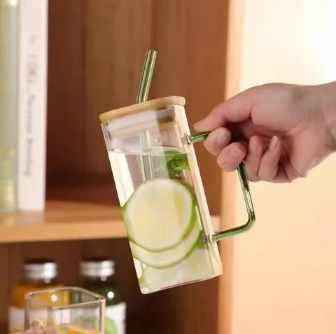 400ml Square Glass Mug With Lid And Straw