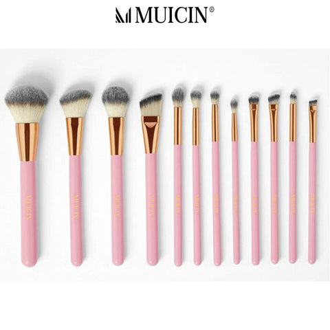MUICIN - Pink Studded Natural Hair Makeup Brushes - 12 Pieces For Stylish Application