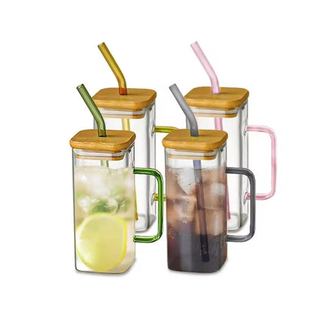 400ml Square Glass Mug With Lid And Straw