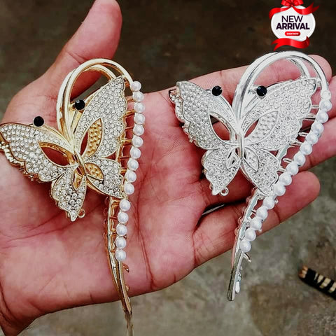Luxury Butter Fly Studded With Diamond Pearl long Tail Shark Hair Clip
