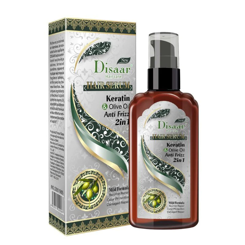 DISAAR HAIR SERUM 2IN1 KERATIN & OLIVE OIL ANTI FRIZZ MILD FORMULA 120ML (NO.DS51985)