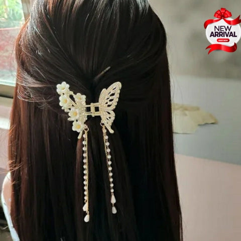 Butter Fly With Flowers Studded Diamond Pearl long Tassel Shark Hair Clip