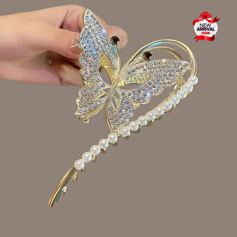 Luxury Butter Fly Studded With Diamond Pearl long Tail Shark Hair Clip