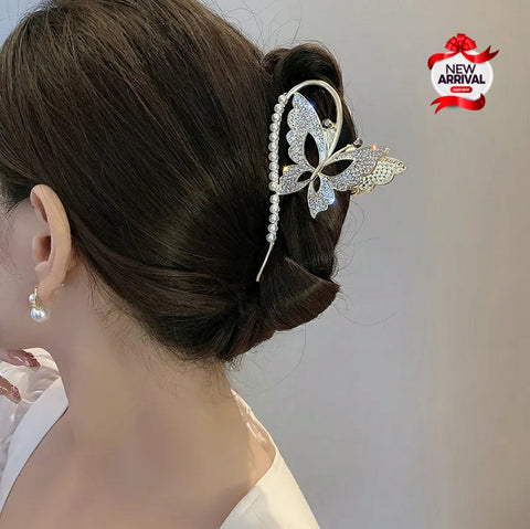 Luxury Butter Fly Studded With Diamond Pearl long Tail Shark Hair Clip