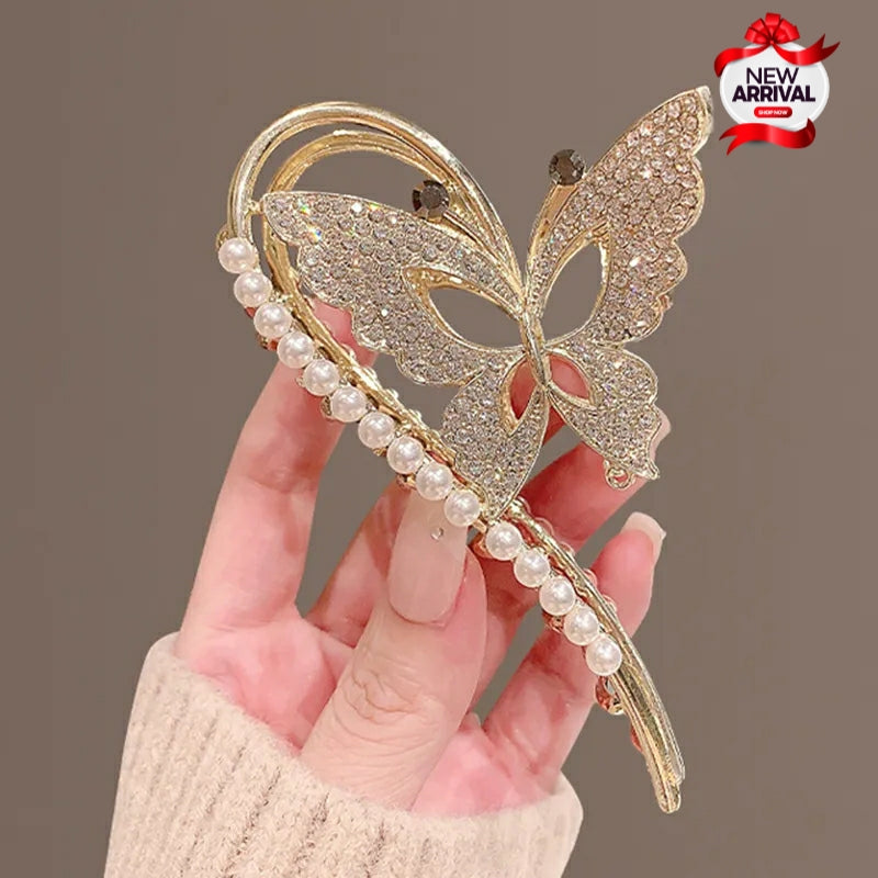 Luxury Butter Fly Studded With Diamond Pearl long Tail Shark Hair Clip