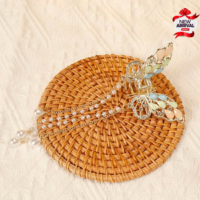 Colorful Butter Fly With Diamond Pearl long Tassel Hair Clip