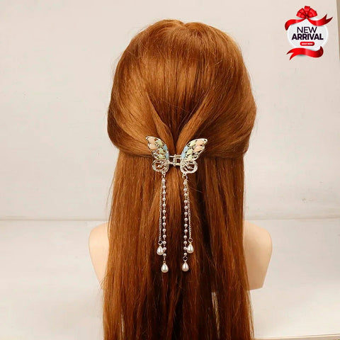 Colorful Butter Fly With Diamond Pearl long Tassel Hair Clip