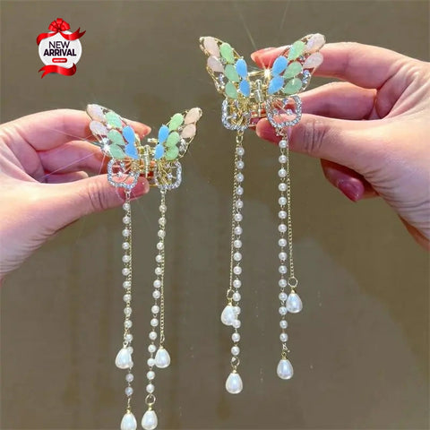 Colorful Butter Fly With Diamond Pearl long Tassel Hair Clip