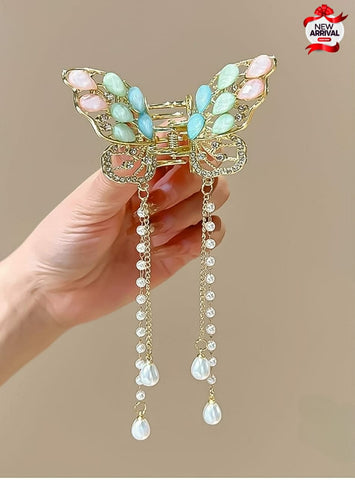Colorful Butter Fly With Diamond Pearl long Tassel Hair Clip
