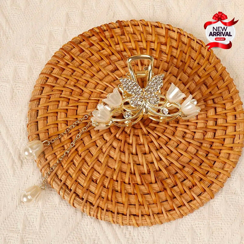 Exquisite Pearl Butter Fly With Small Elegant Flower Shark Hair Clip