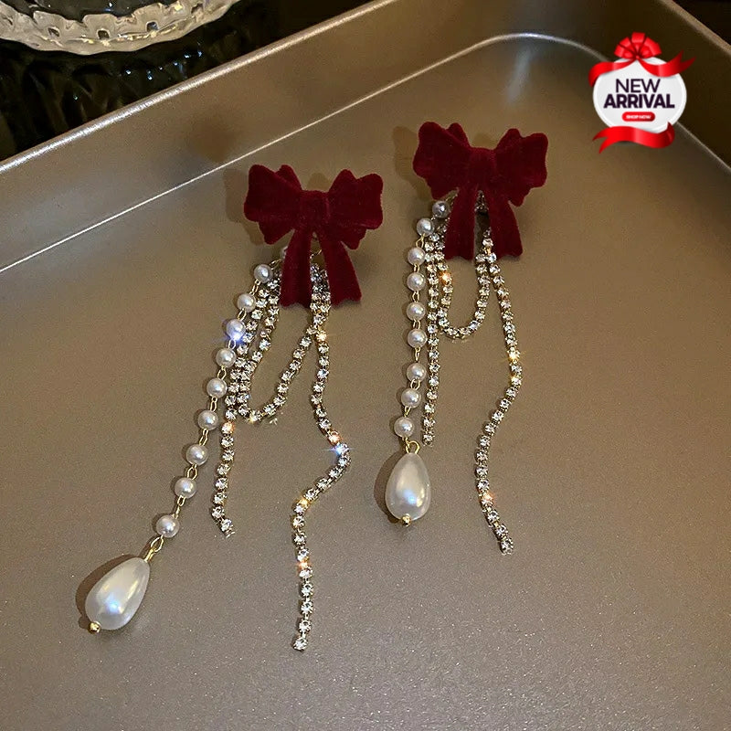 Fine Pearl Crystal Bowknot Drop long Tassel Studs Earings