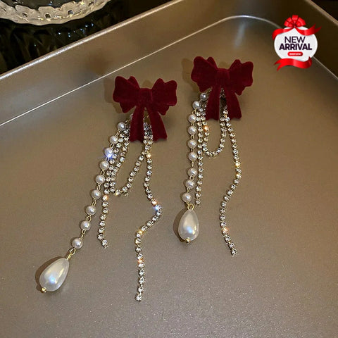 Fine Pearl Crystal Bowknot Drop long Tassel Studs Earings