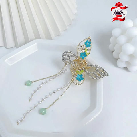 Colorful Butter Fly Studded With Diamond Pearl long Tassel Shark Hair Clip
