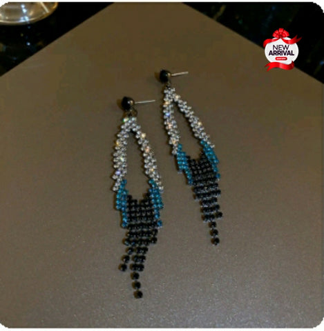 Blue Crystal long Tassel Rhinestone Studs Earrings