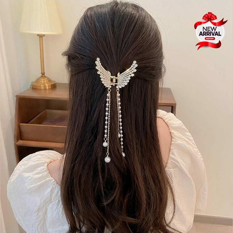 Butter Fly Studded With Diamond Pearl long Tassel Shark Hair Clip
