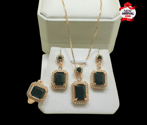 New Arrival Fancy zircon Black Gold Trendy long Chain Pendant 3pcs Locket set 4 Girls