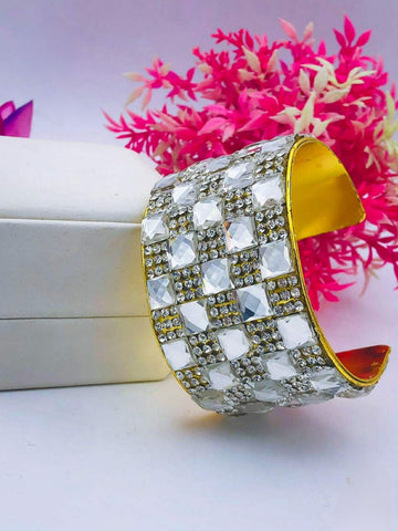 Beautiful Silver & Gold Wide Glittering Rhinestone Inlaid Open Bangel