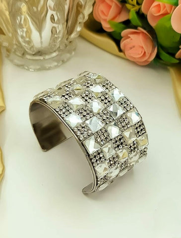 Beautiful Silver & Gold Wide Glittering Rhinestone Inlaid Open Bangel