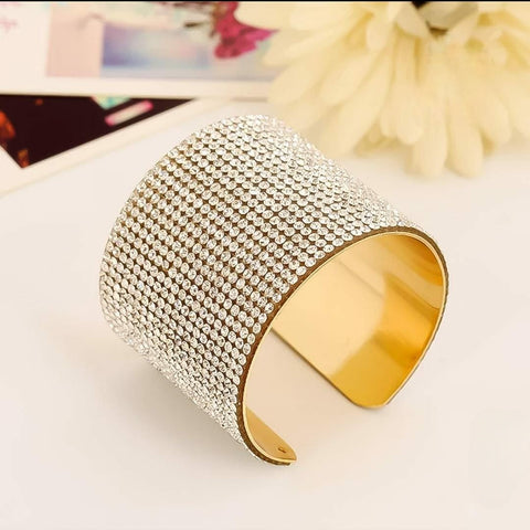 Beautiful Silver Wide Glittering Rhinestone Inlaid Open Bangel