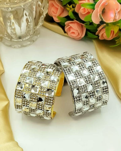 Beautiful Silver & Gold Wide Glittering Rhinestone Inlaid Open Bangel