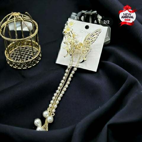 Butter Fly With Flowers Studded Diamond Pearl long Tassel Shark Hair Clip