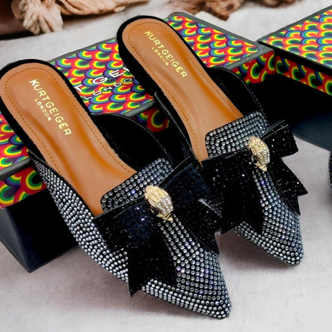 Kurt Geiger London Slippers Olive Crystal Bow satin mules  (with box )