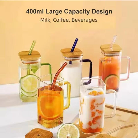 400ml Square Glass Mug With Lid And Straw