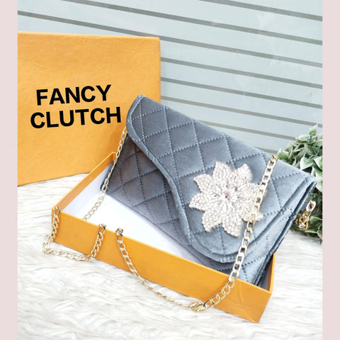 Flower Brooch Fancy Clutch With Long Chain