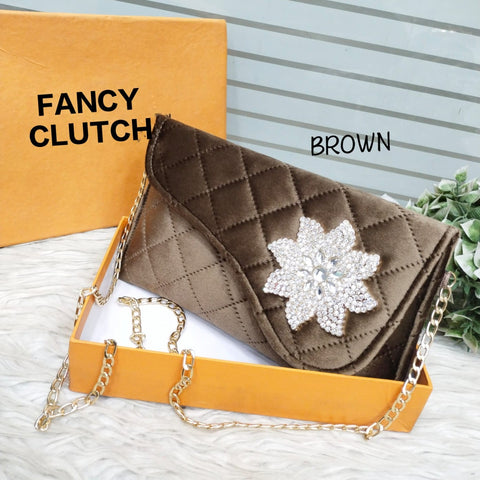 Flower Brooch Fancy Clutch With Long Chain