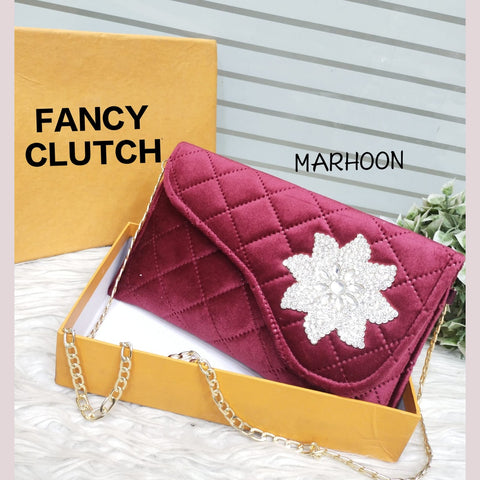 Flower Brooch Fancy Clutch With Long Chain