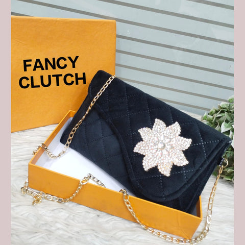 Flower Brooch Fancy Clutch With Long Chain