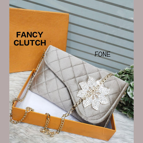 Flower Brooch Fancy Clutch With Long Chain